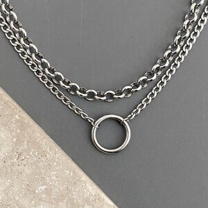 2 layered silver necklaces, NON TARNISH steel chain + pendant, edgy punk street
